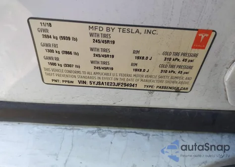 2018 Tesla Model S 100D/75D/P100D из США, поврежденный, VIN 5YJSA1E23JF294941
